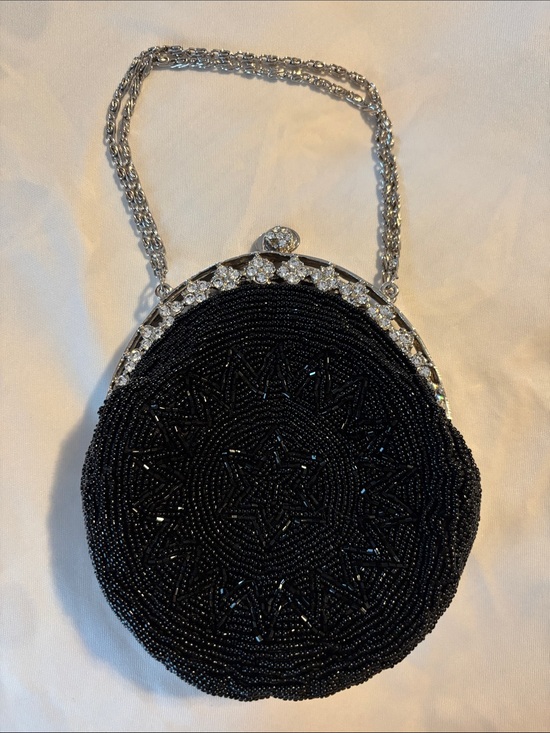 Handbags - Elegant Black Beaded Evening Bag with Crystal Frame